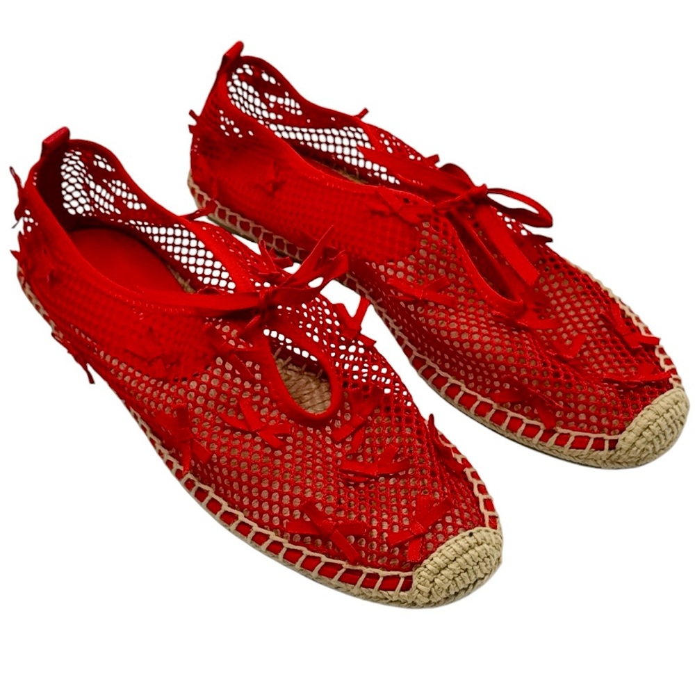 Tory Burch Red Mesh Espadrille Flats with Bow Accents Size 9
